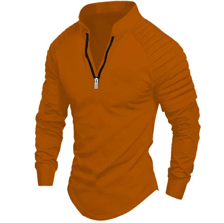 Men's Long Sleeve Polo Shirt - Casual Solid Color with Zipper Collar - Buy Center US