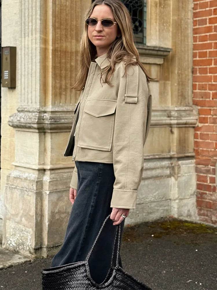 Hfwomenfz Vintage Women's Khaki Short Jacket - Zipper, Pockets, Full Sleeve - Buy Center US