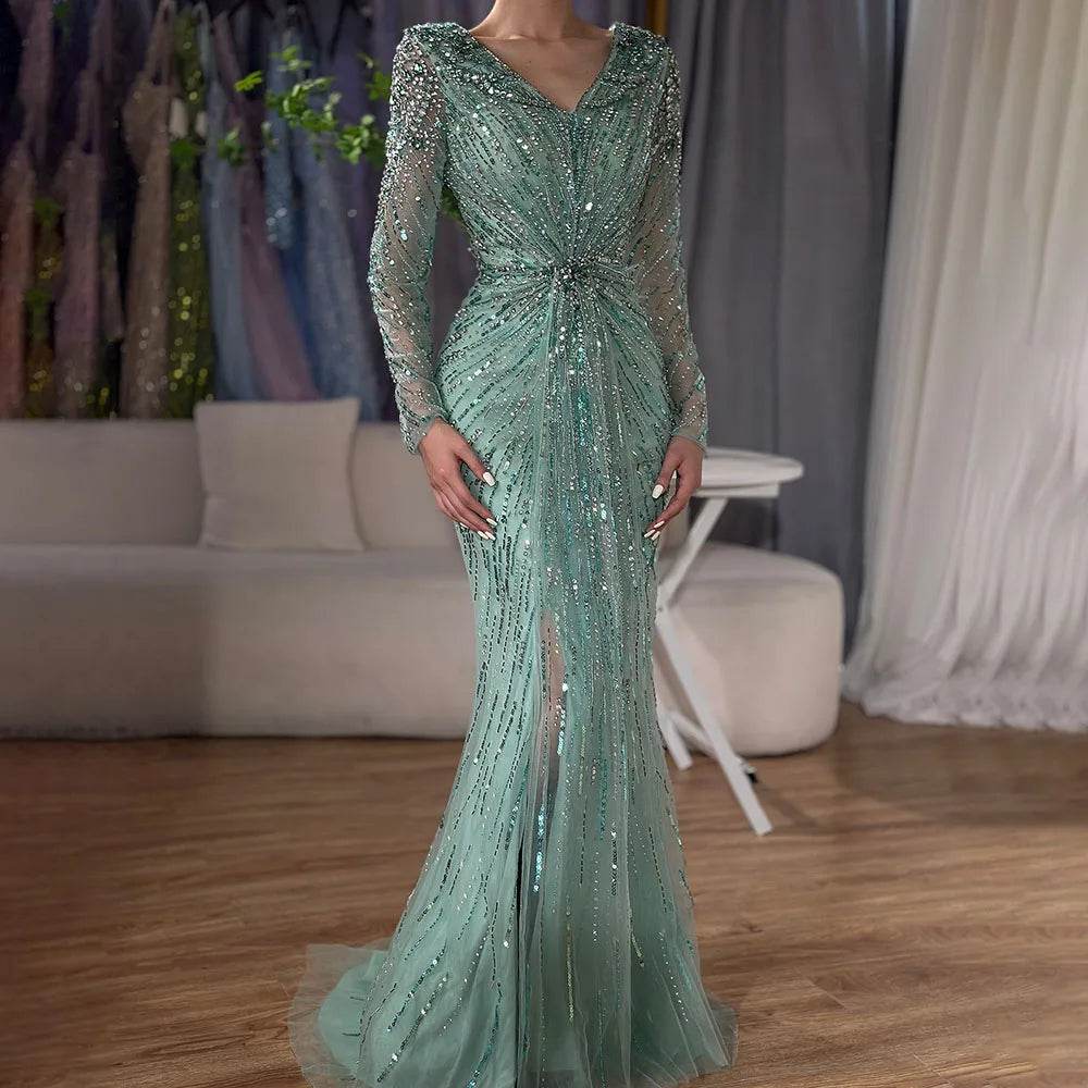 SERENE HILL Mermaid Evening Dress - Custom Beaded Floor-Length Gown - Buy Center US