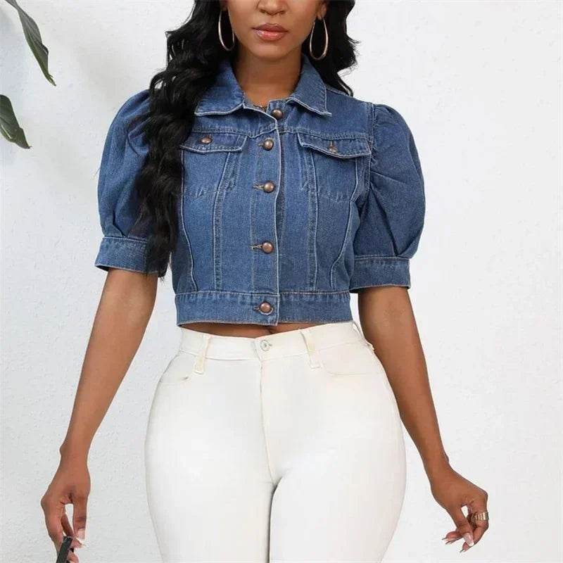 Stylish Women’s Denim Cardigan - Short Puff Sleeve Jacket - Buy Center US