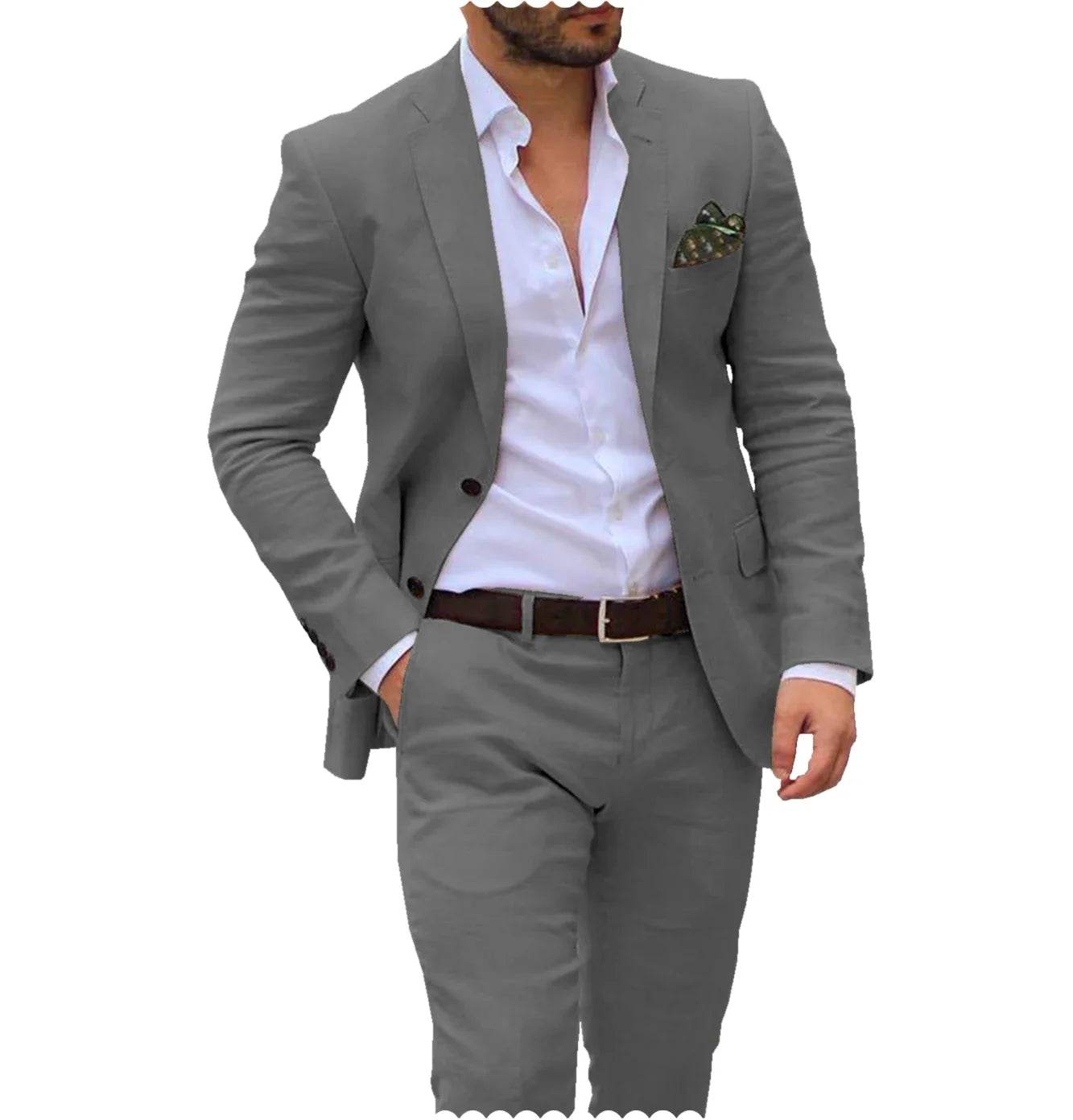 Men’s Linen Wedding Suit - 2 Piece Blazer & Pants for Groom, Custom Fit - Buy Center US