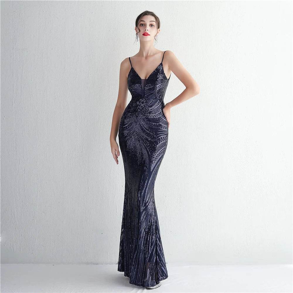 HBLL Sexy V Neck Maxi Dress - Purple Sequin Formal Gown for Parties - Buy Center US
