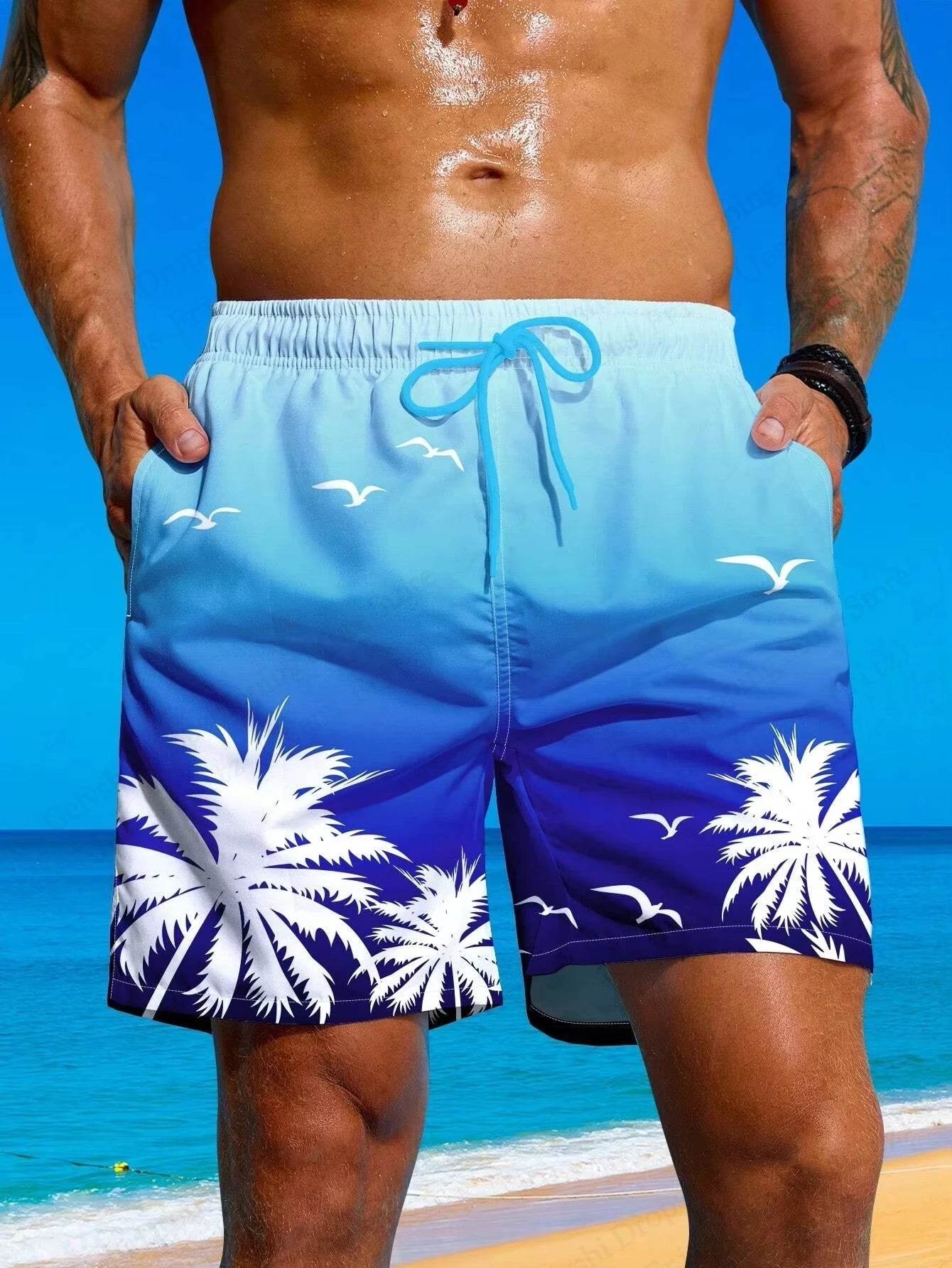 Men's Summer Board Shorts - 3D Palm Tree Print with Drawstring - Buy Center US