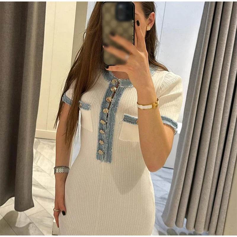Elegant Women's Denim Patchwork Dress - V Neck, Short Sleeves, Pockets - Buy Center US