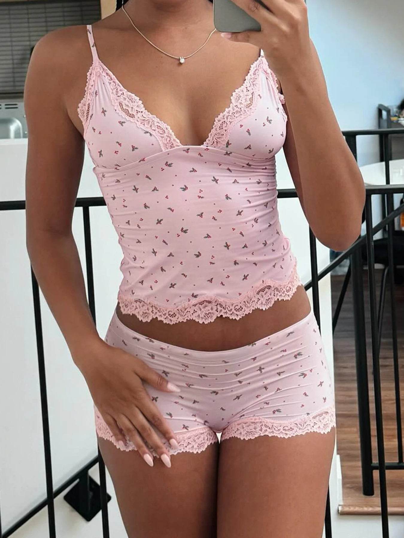 Sweetown Floral Print Women's Set - Camisole and Shorts for Summer - Buy Center US