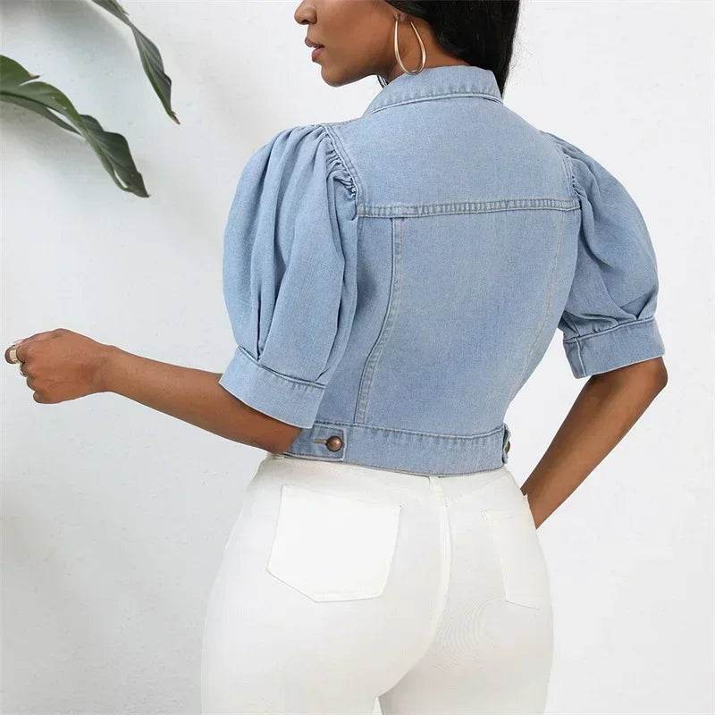 Stylish Women’s Denim Cardigan - Short Puff Sleeve Jacket - Buy Center US