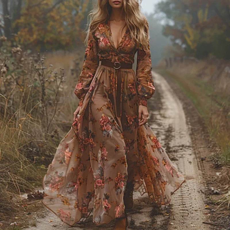 Ethnic Retro Floral Print Long Dress - Women’s Party Pleated A-Line - Buy Center US