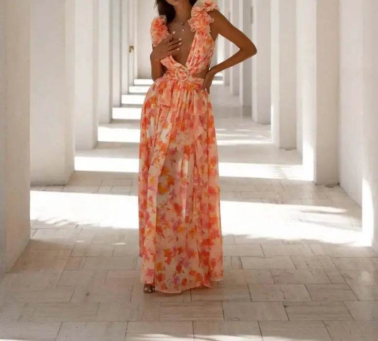 Izmestyeva Floral Backless Dress - Sleeveless V-Neck, Ruffle Trim - Buy Center US