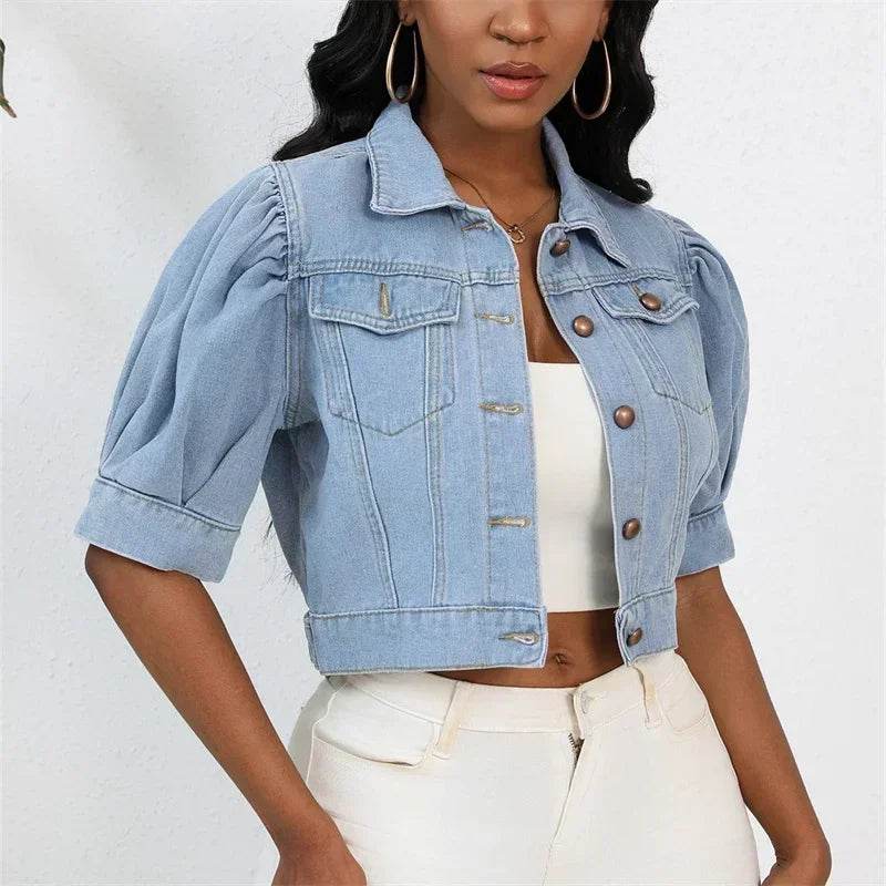 Stylish Women’s Denim Cardigan - Short Puff Sleeve Jacket - Buy Center US