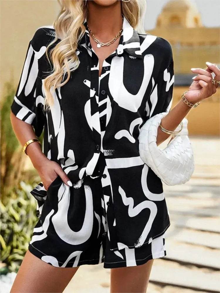 Shuangfuxiang Women’s Casual Geometric Print Short Sleeve Set - Buy Center US