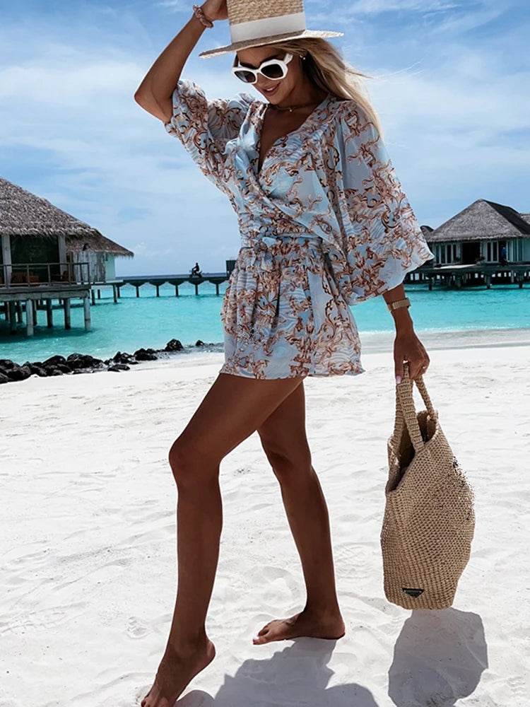 Summer Boho Deep V Neck Set - Casual Lantern Sleeve Top & Shorts - Buy Center US