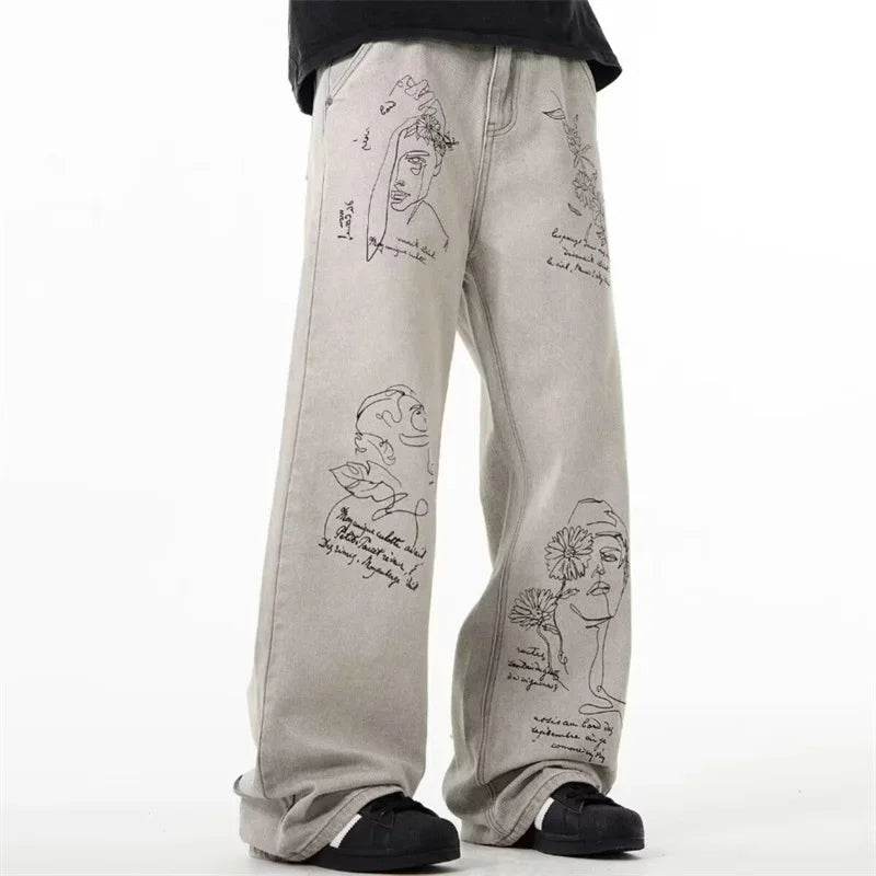 American Retro Graffiti Jeans for Men - Baggy Y2K Streetwear Style - Buy Center US