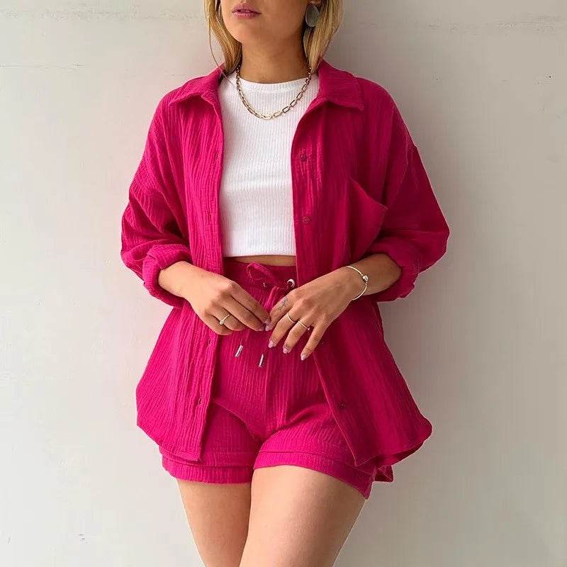 Women's Summer Shorts Set - White Casual Outfit with Long Shirt - Buy Center US