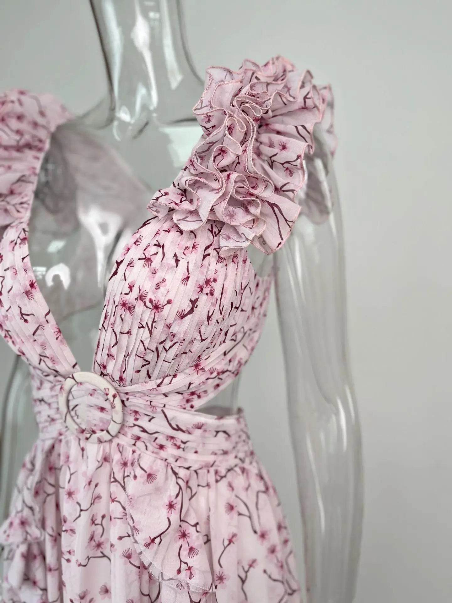 Izmestyeva Floral Backless Dress - Sleeveless V-Neck, Ruffle Trim - Buy Center US