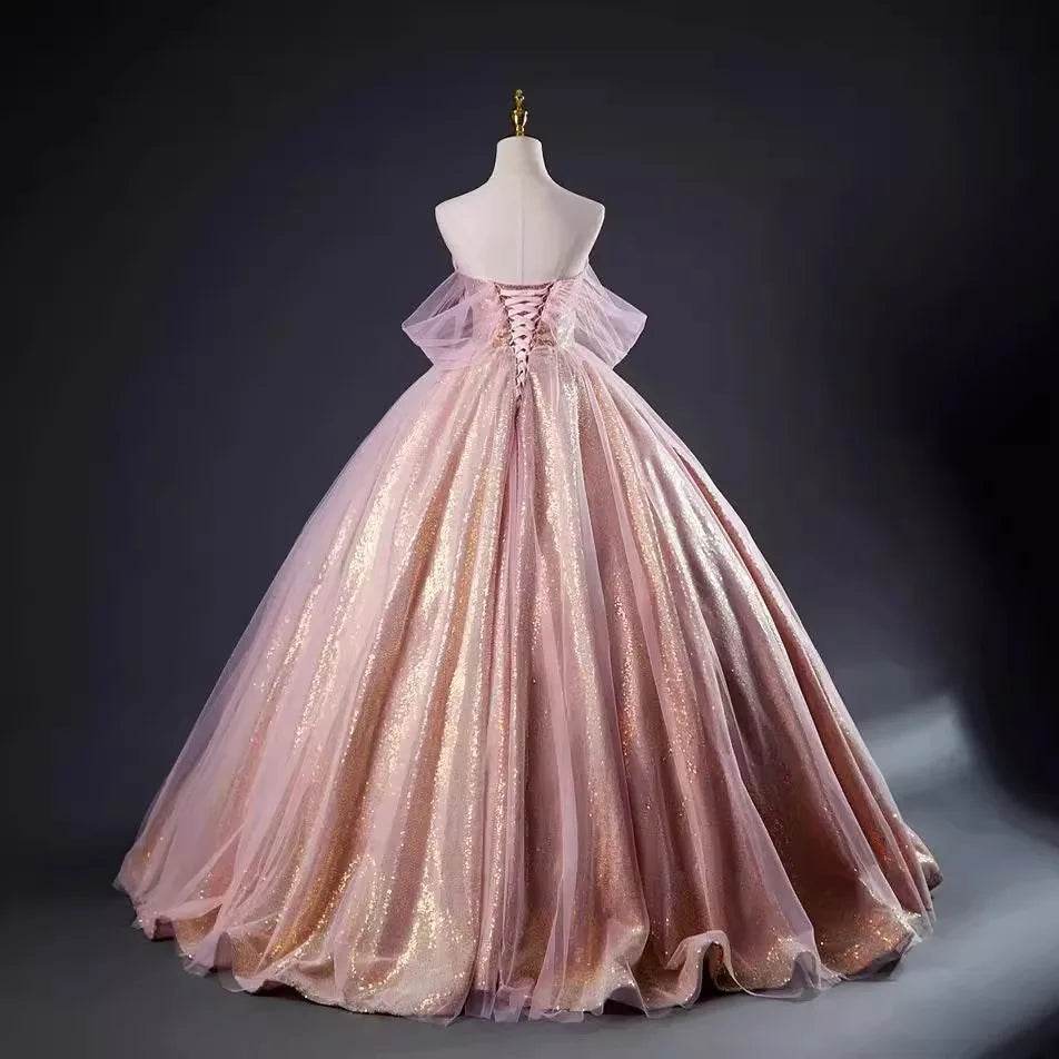 MCDV Rose Gold Off The Shoulder Evening Dress - Sequined Quinceanera - Buy Center US