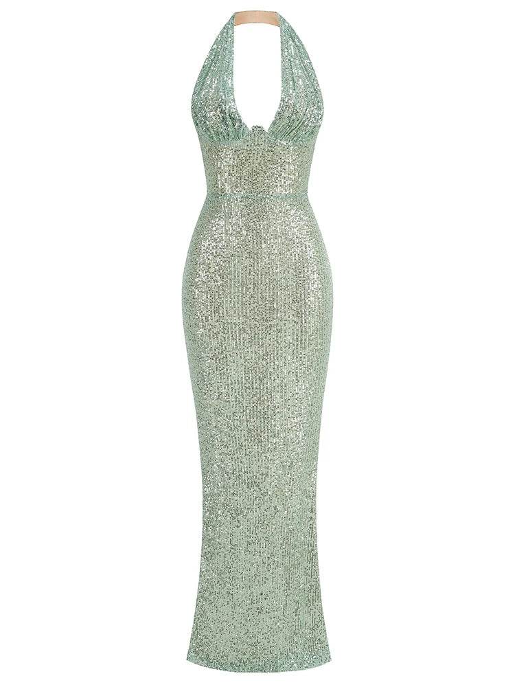 Green Maxi Dress for Women - Sexy V Neck Sleeveless Sequined Gown - Buy Center US