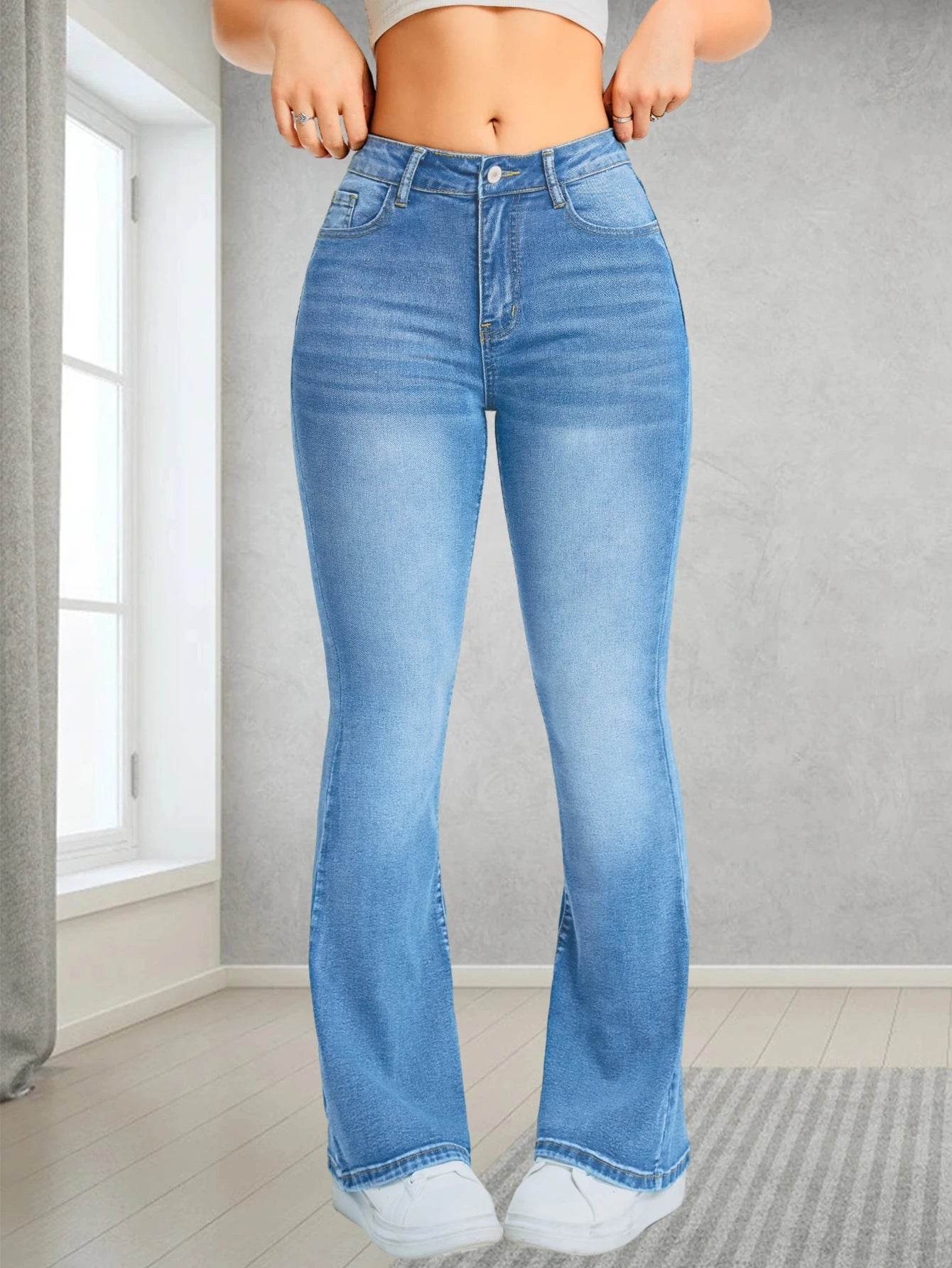 Ladies' High Waisted Flared Jeans - Casual Elastic Denim Style - Buy Center US