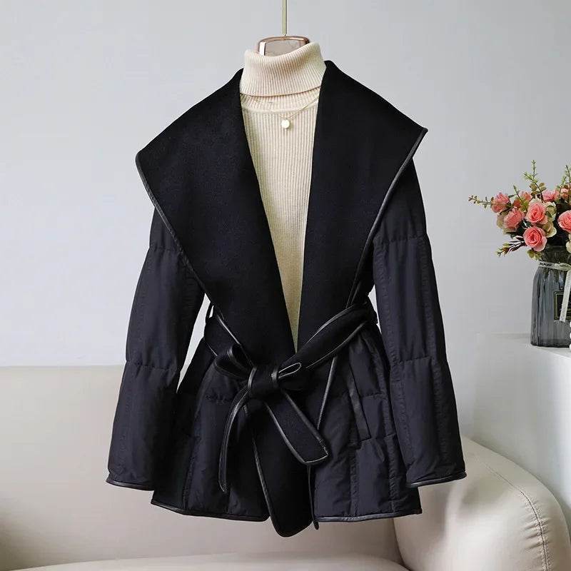 Lady Puffer Jacket with Belt - Warm Wool Cashmere Down Coat 2024 - Buy Center US