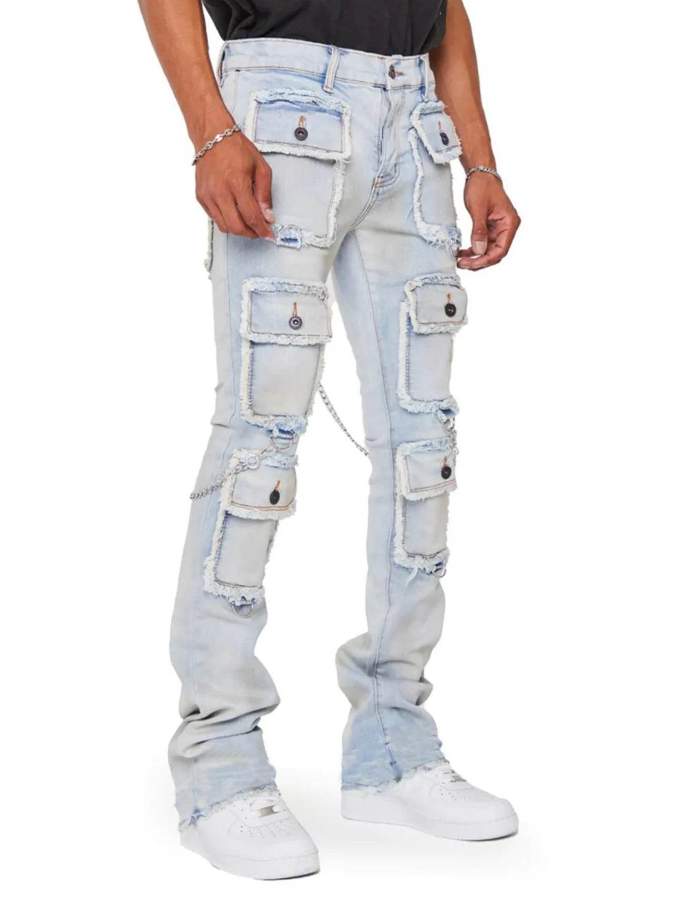 Kalenmos Men's Mid Waist Straight Jeans - Stylish Patchwork Cargo Design - Buy Center US