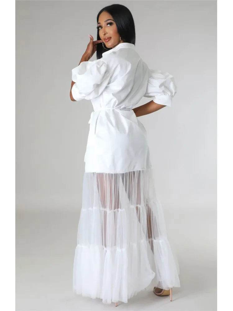 Elegant White Lace-Up Shirt Dress - Short Sleeve for Summer - Buy Center US