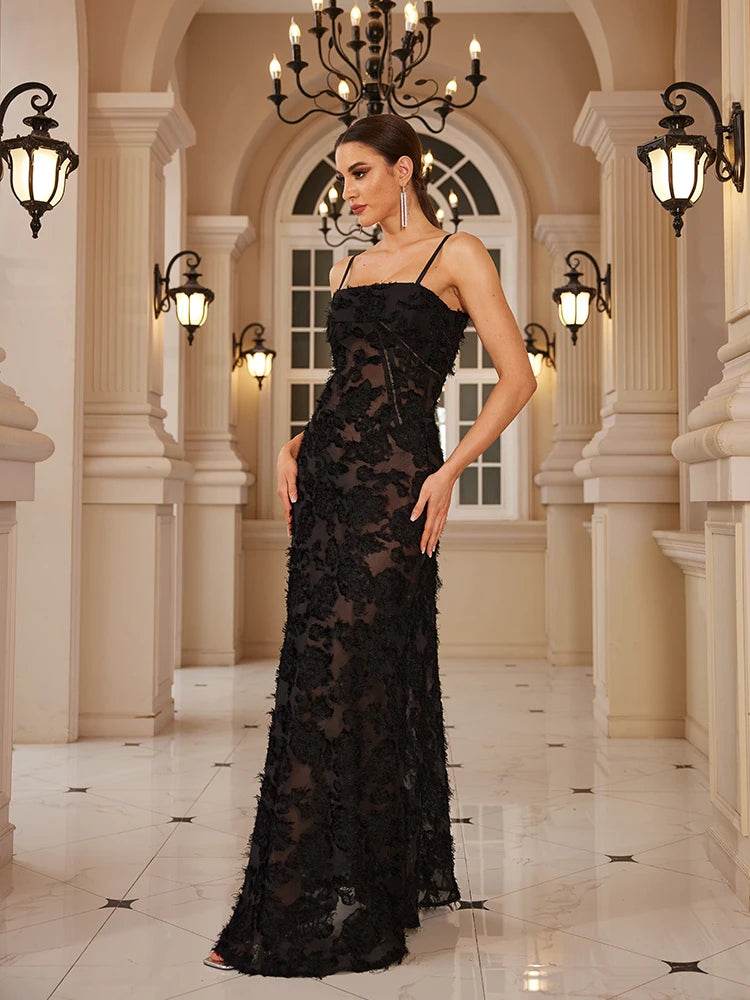 Mingmingxi Black Appliques Maxi Dress - Elegant Formal Party Gown - Buy Center US