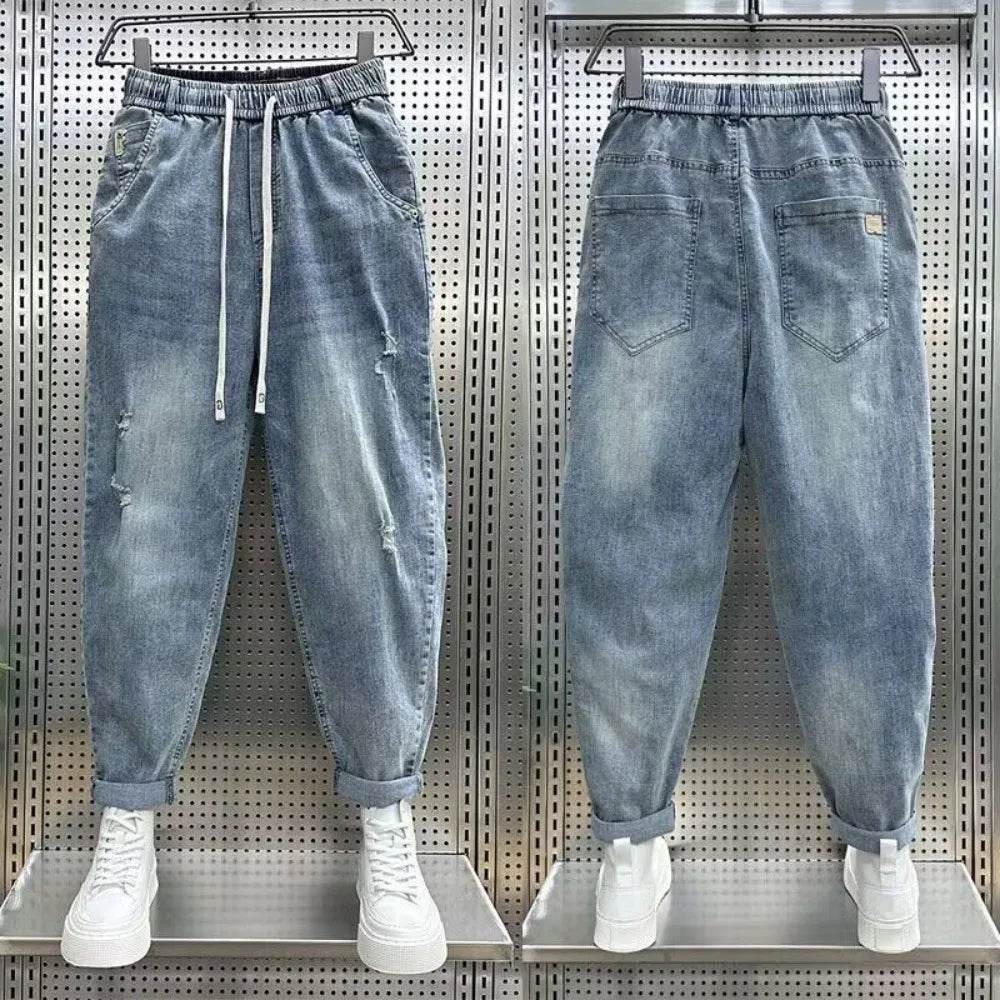 Korean Fashion Men’s Denim Harem Pants - Embroidered Loose Fit Jeans - Buy Center US