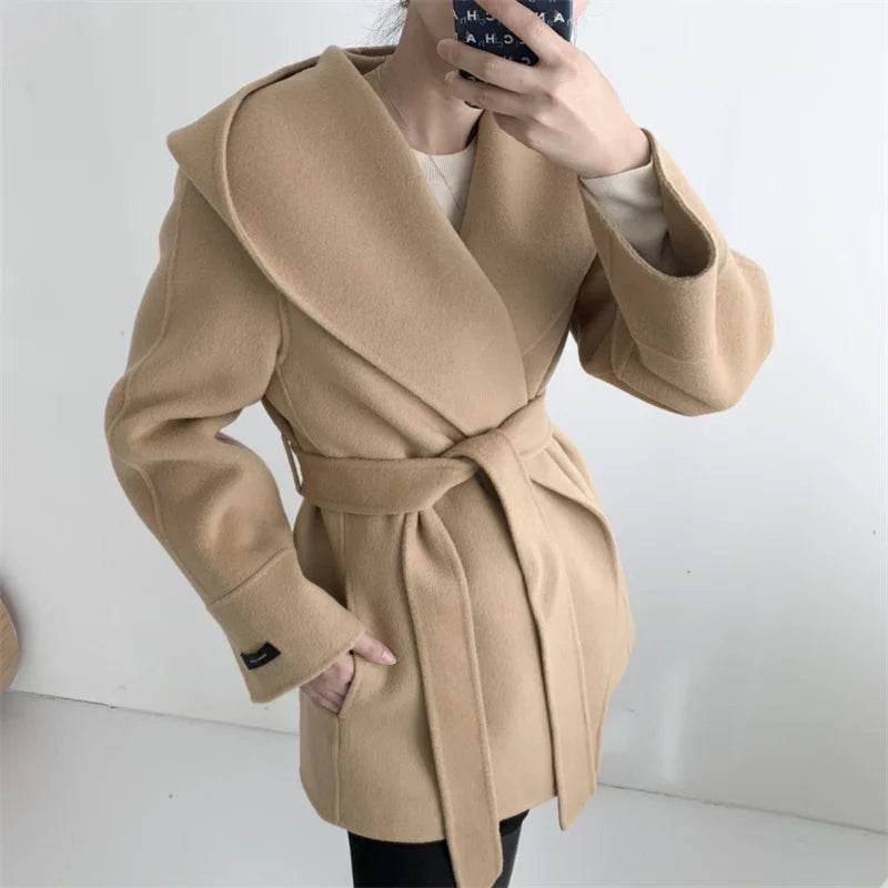 Ladies Hooded Lace Up Woolen Jacket - Elegant Vintage Outerwear - Buy Center US
