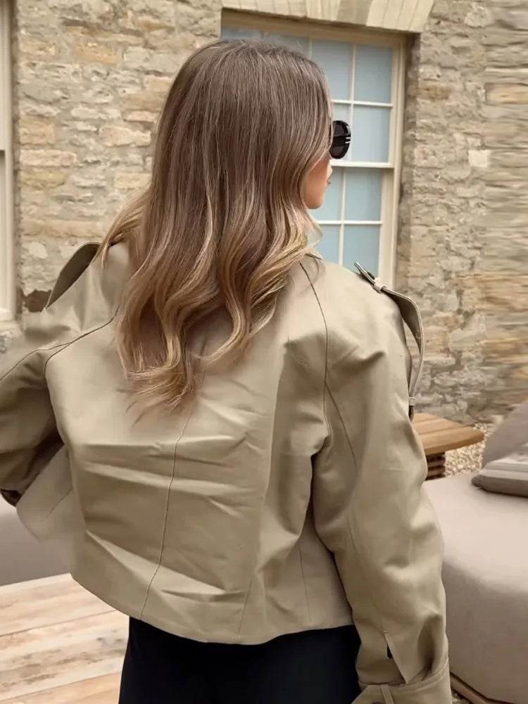 Hfwomenfz Vintage Women's Khaki Short Jacket - Zipper, Pockets, Full Sleeve - Buy Center US