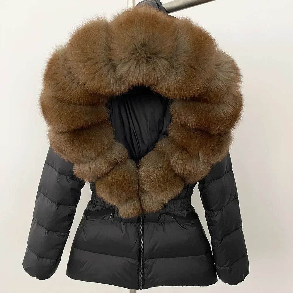 Women's Hooded White Duck Down Coat - Real Raccoon Fur Collar - Buy Center US