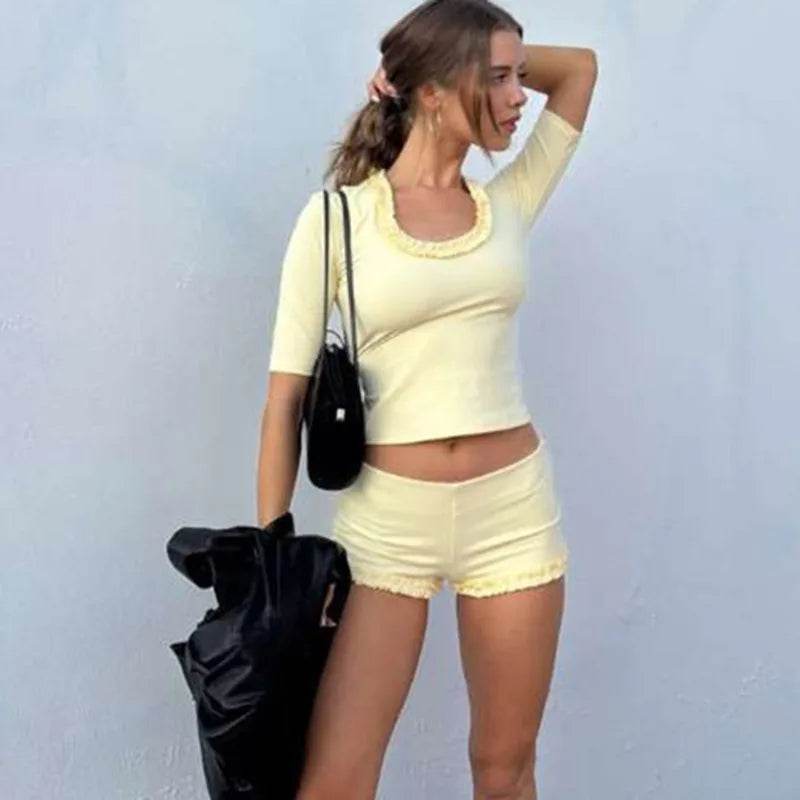 Tuularose Women's U Neck Pleated Set - Short Sleeve, High Waist - Buy Center US