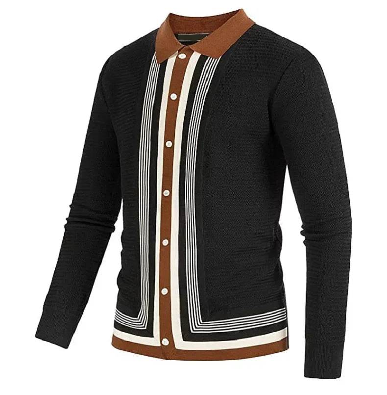 Naupang Men's Striped High-End Knitted Cardigan - Casual Long Sleeve Polo - Buy Center US