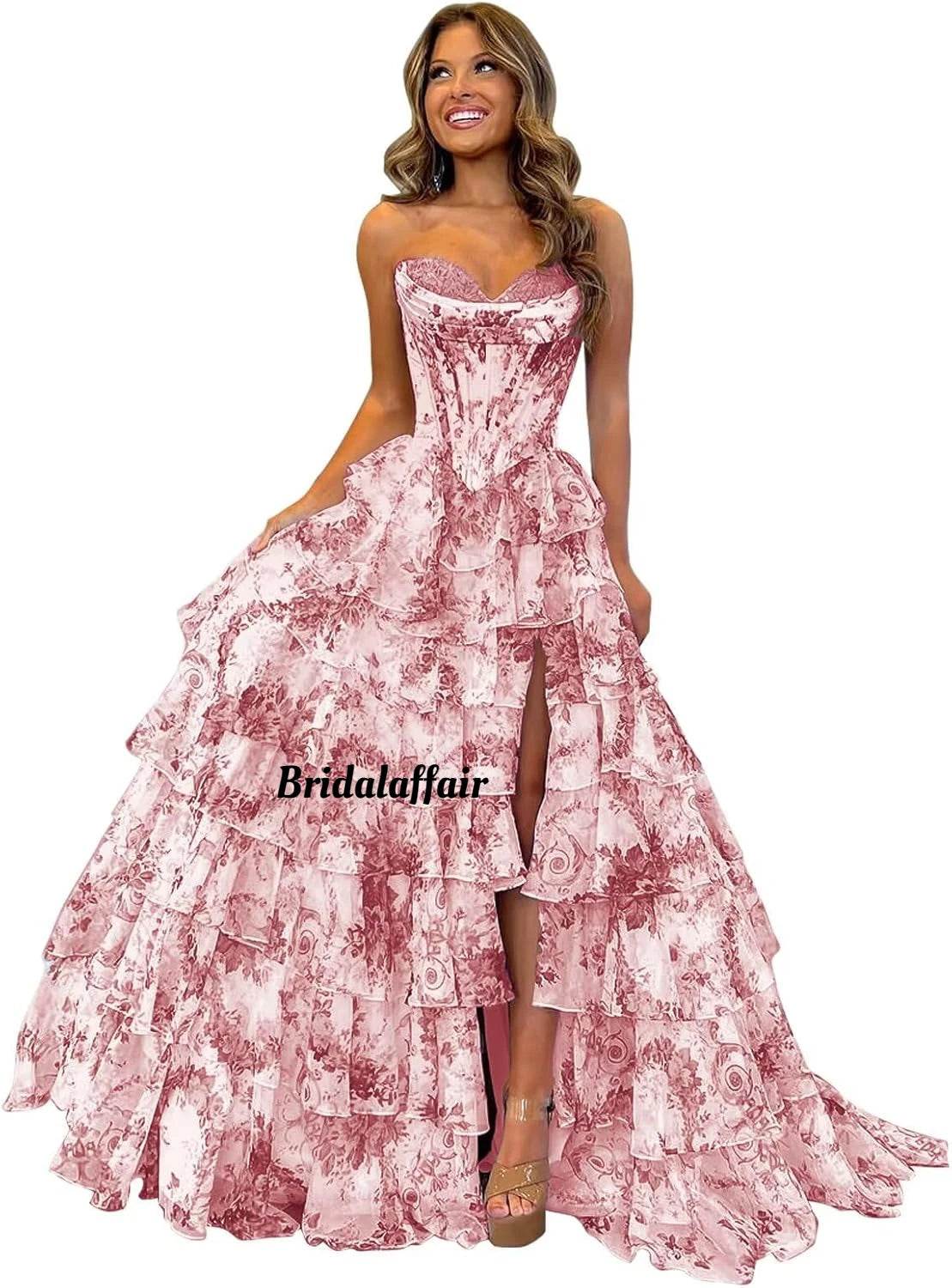 Strapless Floral Tiered Prom Dress - Sweetheart Neckline, A-Line Design - Buy Center US