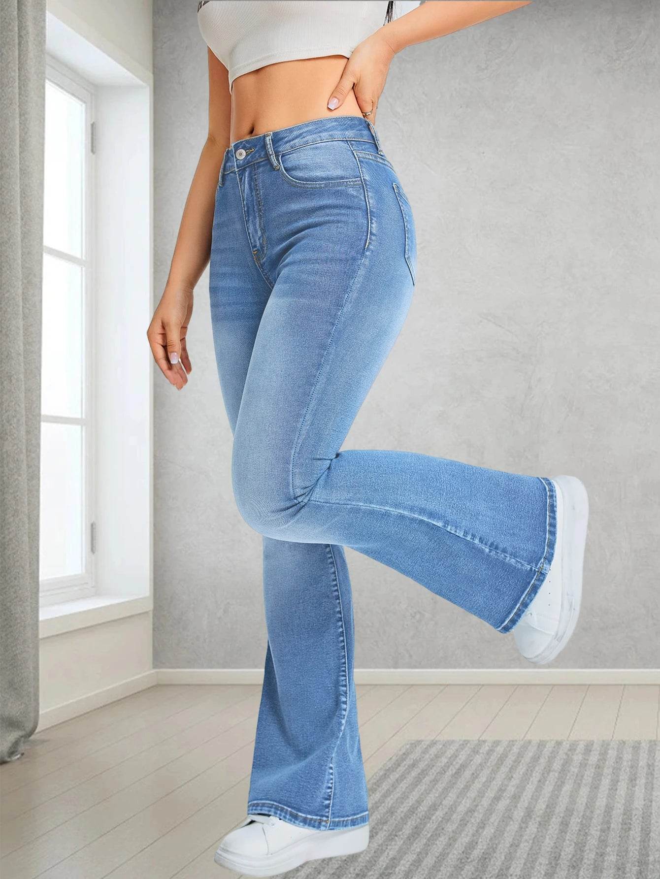 Ladies' High Waisted Flared Jeans - Casual Elastic Denim Style - Buy Center US