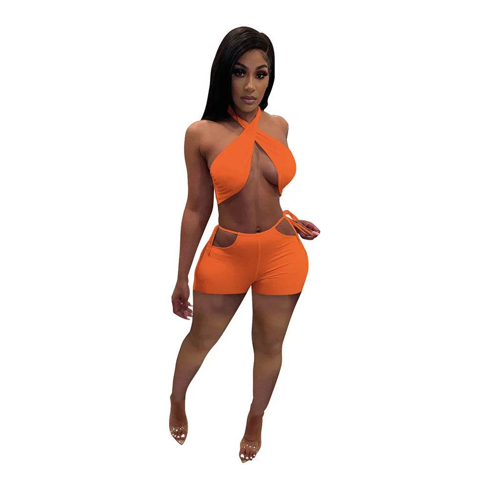 Stylish Women's Two Piece Set - Criss Cross Crop Top & Shorts - Buy Center US