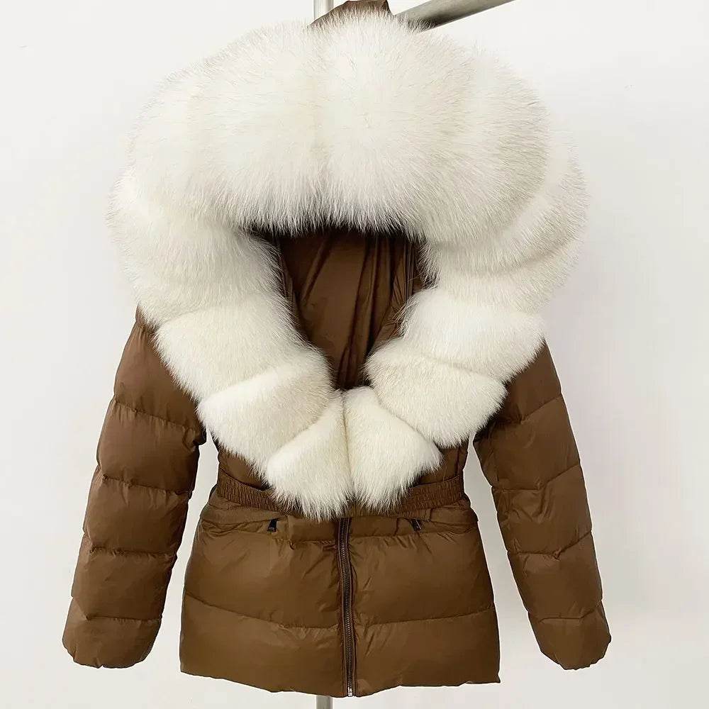 Women's Hooded White Duck Down Coat - Real Raccoon Fur Collar - Buy Center US