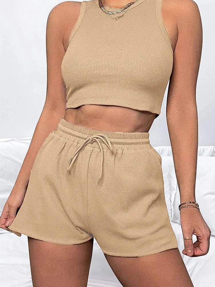Elegant Women's Two-Piece Set - Sleeveless Waffle Vest & Shorts - Buy Center US