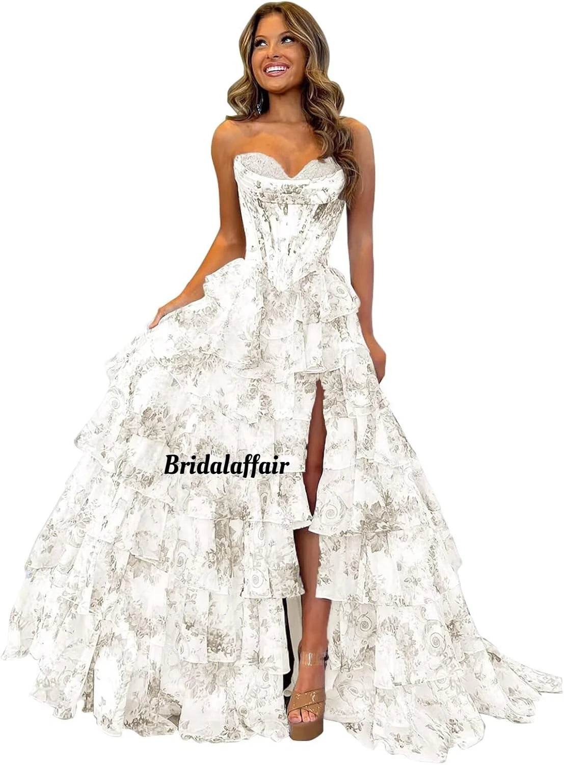 Strapless Floral Tiered Prom Dress - Sweetheart Neckline, A-Line Design - Buy Center US