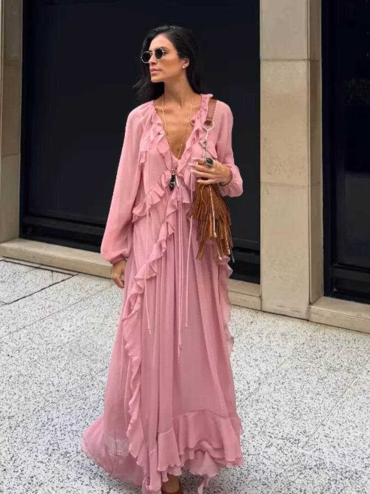 Elegant V-Neck Flounce Dress - Chic Loose Summer Gown for Women - Buy Center US