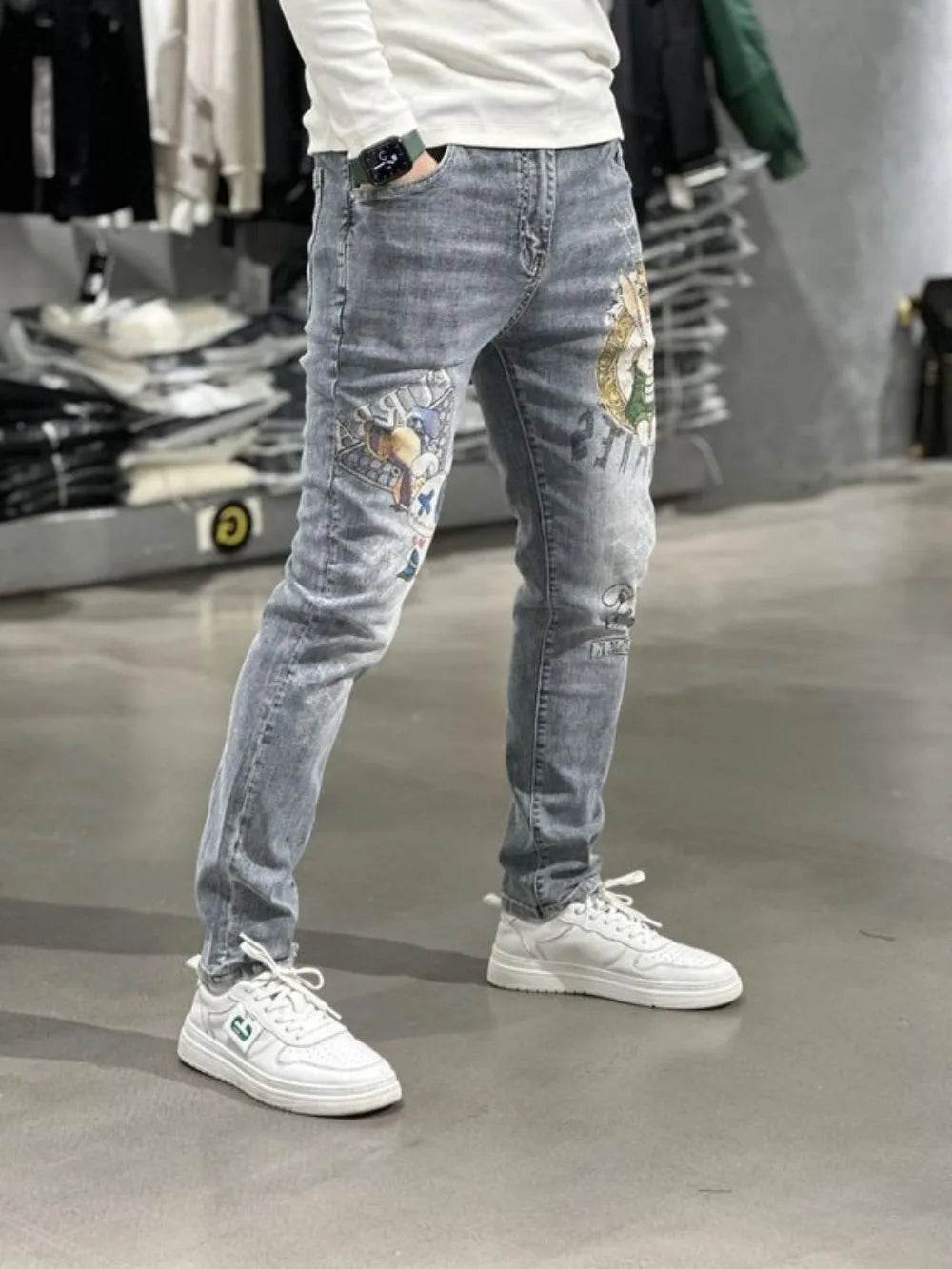 Men's Slim Fit Light Blue Denim Jeans - Luxury Rabbit Print Design - Buy Center US