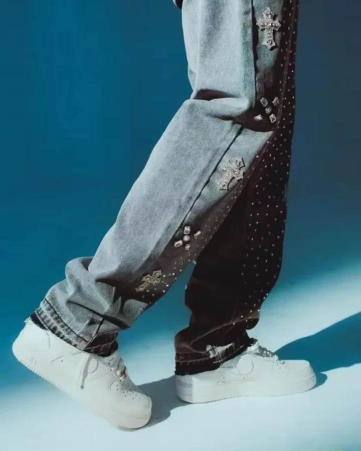 BiggOrange Y2K Rhinestone Jeans - Vintage Hip Hop Wide Leg Trousers - Buy Center US
