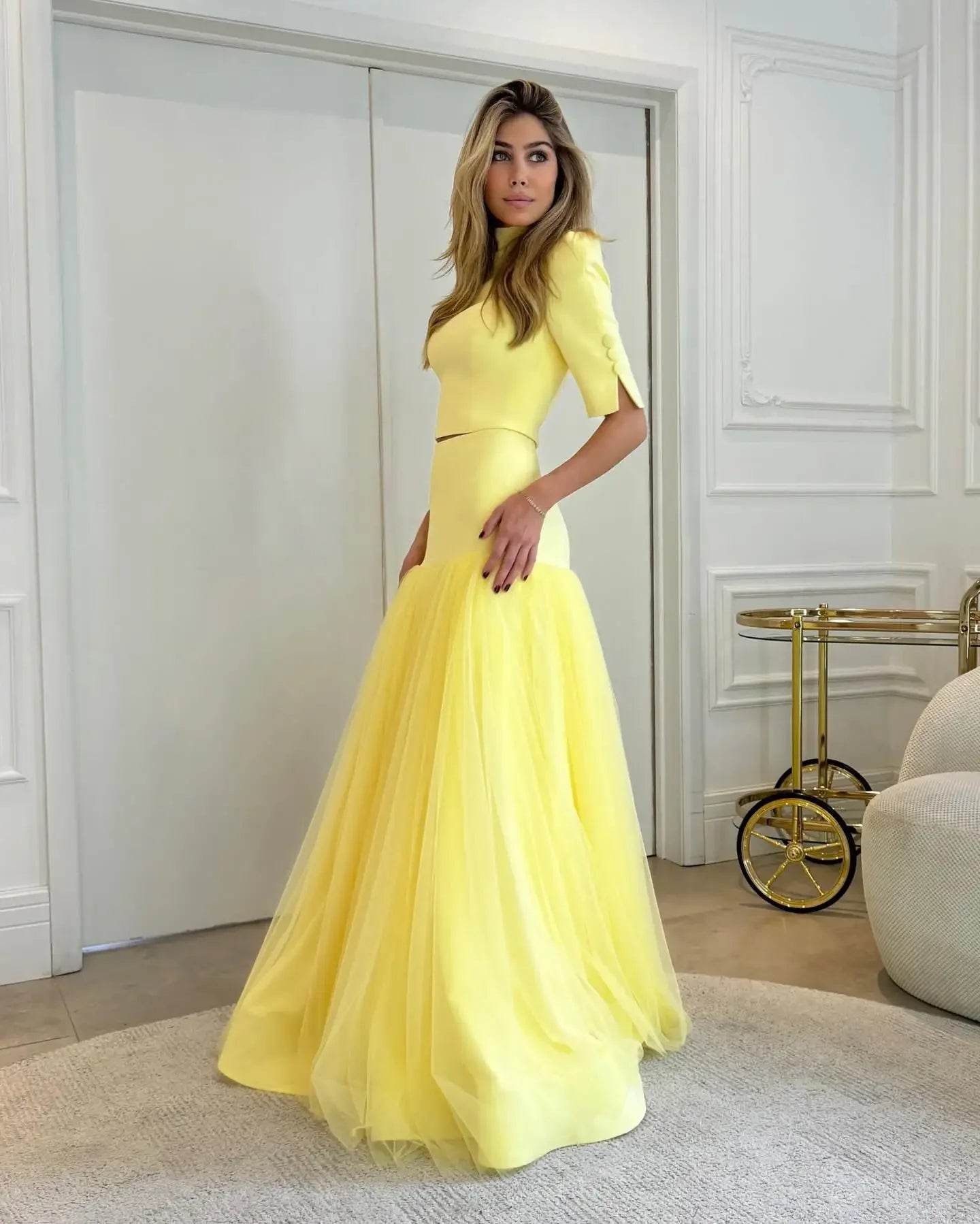 WDP Women's Yellow Two-Piece Party Dress - High Neck, A-Line Style - Buy Center US