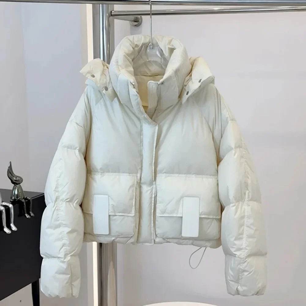 Stylish Women's Cropped White Duck Down Puffer Jacket - Winter 2024 - Buy Center US