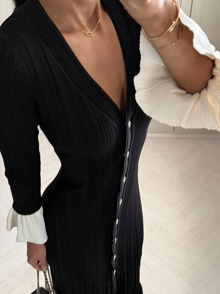 Chic Women’s V-Neck Long Dress - Slim Fit, Patchwork Puff Sleeve - Buy Center US