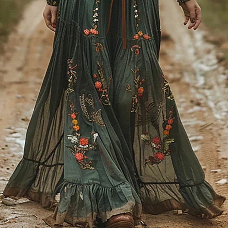 Ethnic Retro Floral Print Long Dress - Women’s Party Pleated A-Line - Buy Center US