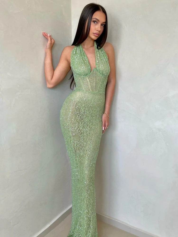 Green Maxi Dress for Women - Sexy V Neck Sleeveless Sequined Gown - Buy Center US