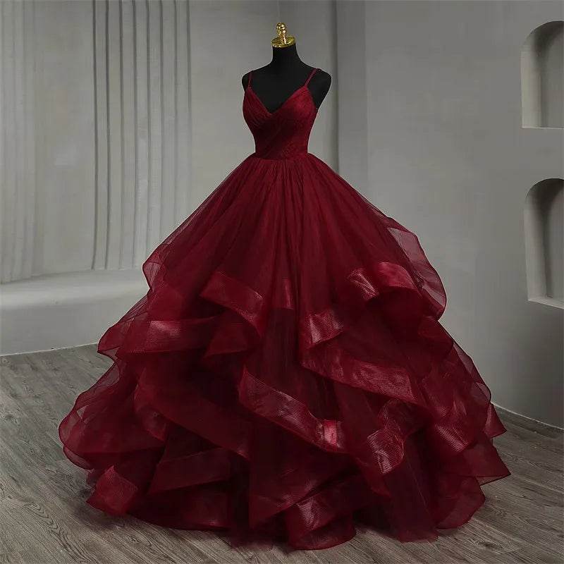 Dark Red Spaghetti Strap V-Neck Quinceanera Dress - Boho Ball Gown - Buy Center US