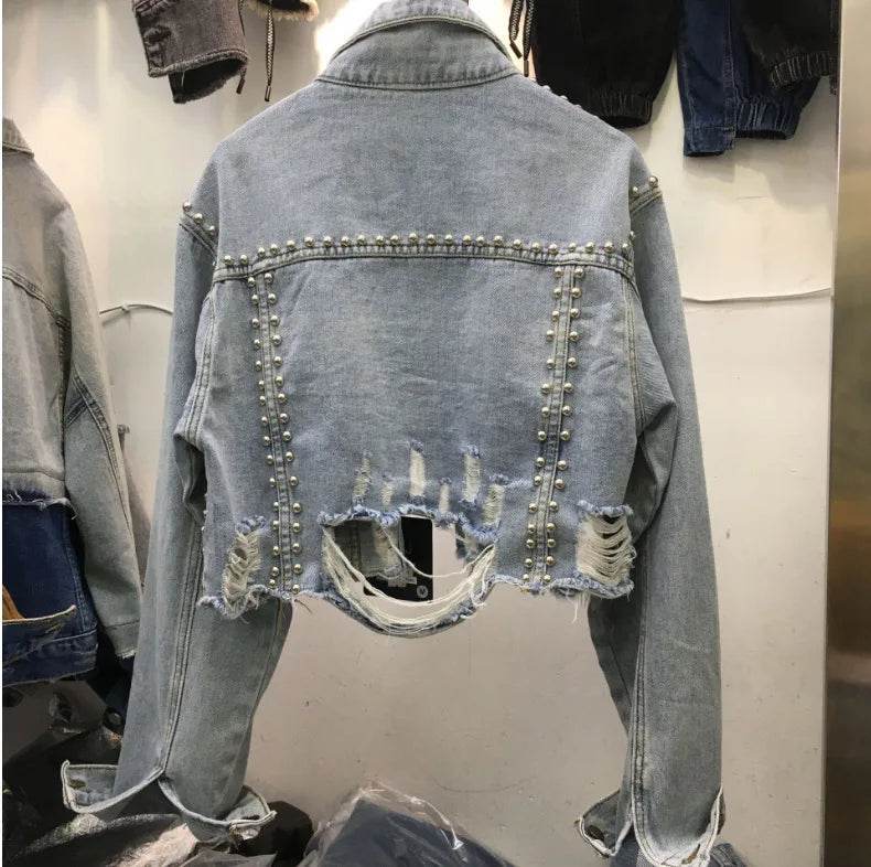 Women’s Denim Coat - Casual Turn Down Collar Spliced Jacket - Buy Center US