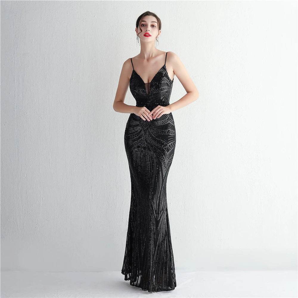 HBLL Sexy V Neck Maxi Dress - Purple Sequin Formal Gown for Parties - Buy Center US