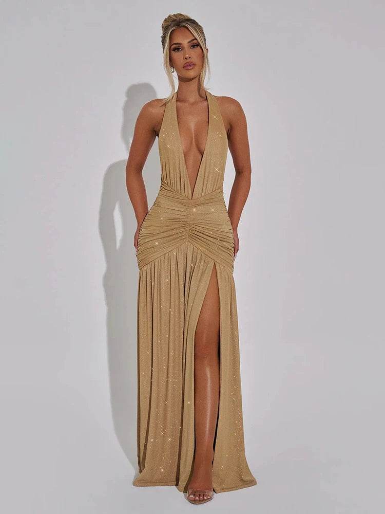 Mozision Deep V Neck Glitter Maxi Dress - Sexy Sleek & Backless - Buy Center US