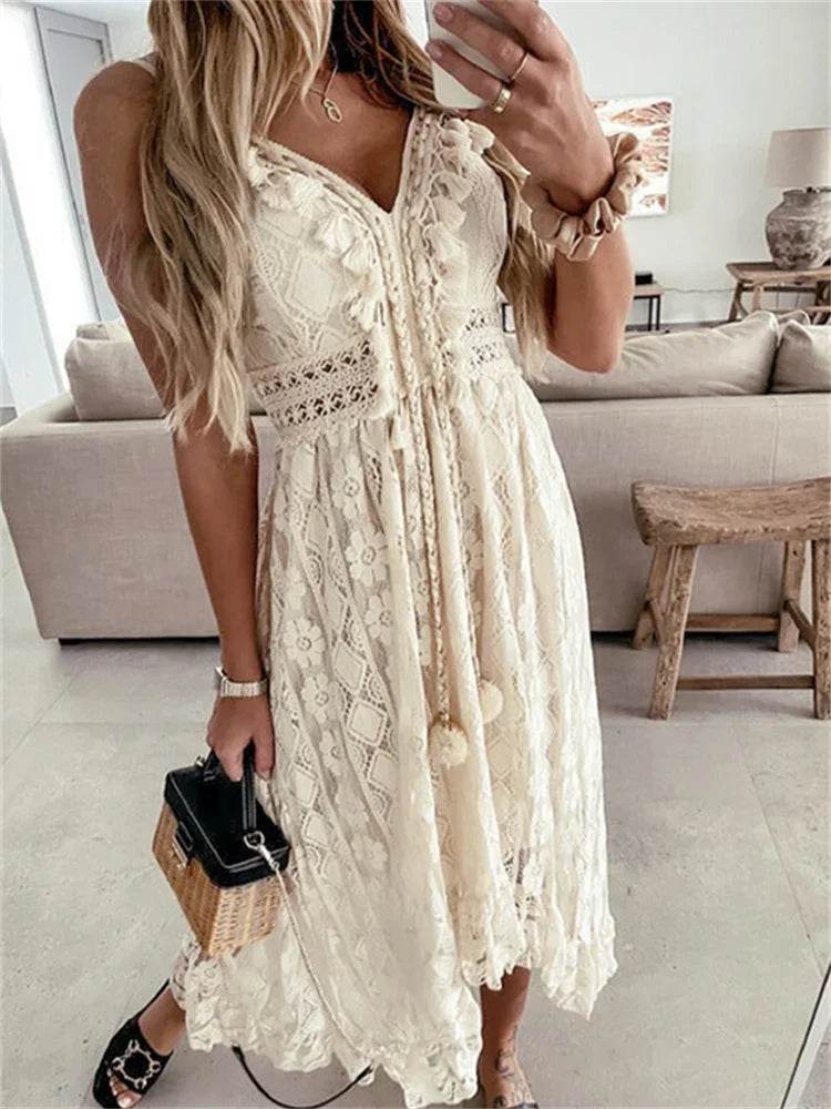 Hirigin Women’s White Lace Dress - Sleeveless V-Neck Beach Holiday - Buy Center US